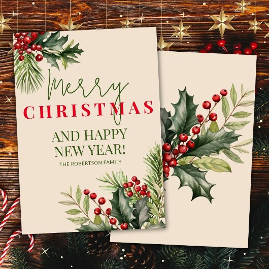 Holly and Pine Red Berries Beige Weihnachtskarte Einladung