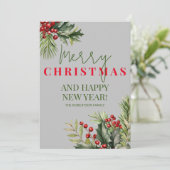 Holly and Pine Red Berries Graue Weihnachtskarte Einladung (Stehend Vorderseite)