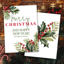 Holly and Pine Red Berries White Christmas Card