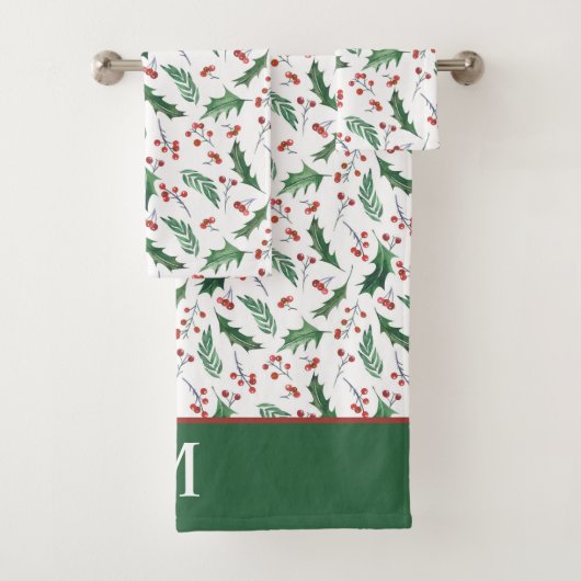 Holly and Red Berry Christmas Pattern Monogram Badhandtuch Set (Insitu)