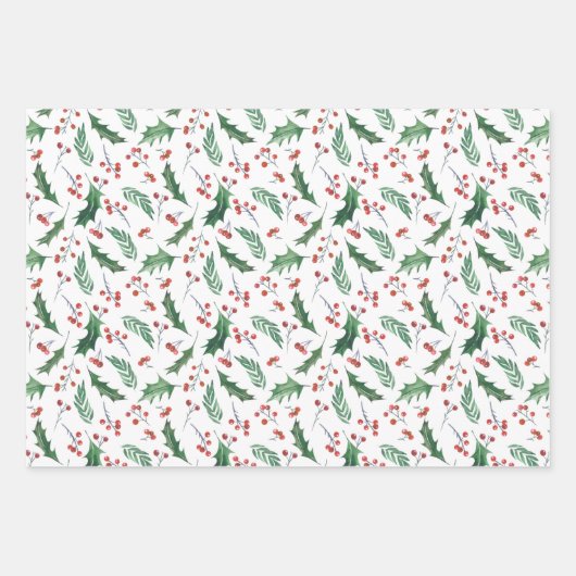 Holly and Red Berry Holiday Pattern Geschenkpapier Set (Vorderseite 2)