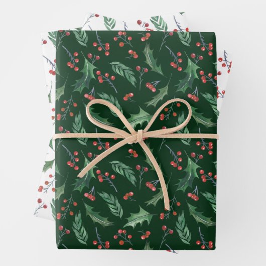 Holly and Red Berry Holiday Pattern Geschenkpapier Set (Beispiel)