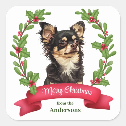 Holly Banner Black Tan Chihuahua Dog Weihnachten Quadratischer Aufkleber (Vorderseite)