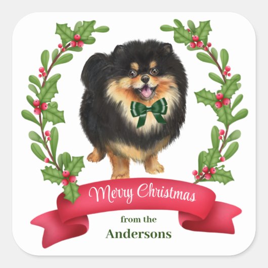 Holly Banner Black Tan Spitz Weihnachten Quadratischer Aufkleber (Vorderseite)