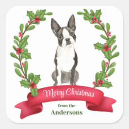 Holly Banner Boston Terrier Dog Christmas Quadratischer Aufkleber