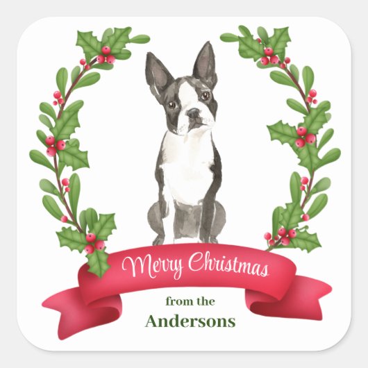 Holly Banner Boston Terrier Dog Christmas Quadratischer Aufkleber (Vorderseite)