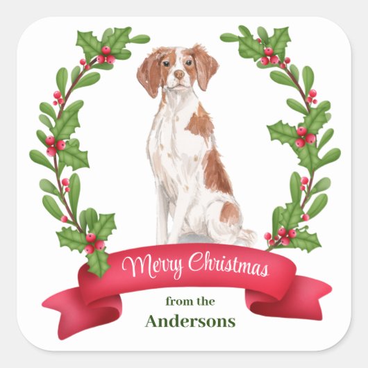 Holly Banner Brittany Dog Weihnachten Quadratischer Aufkleber (Vorderseite)