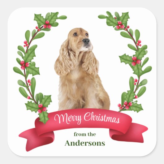 Holly Banner Cocker Spaniel Weihnachten Quadratischer Aufkleber (Vorderseite)