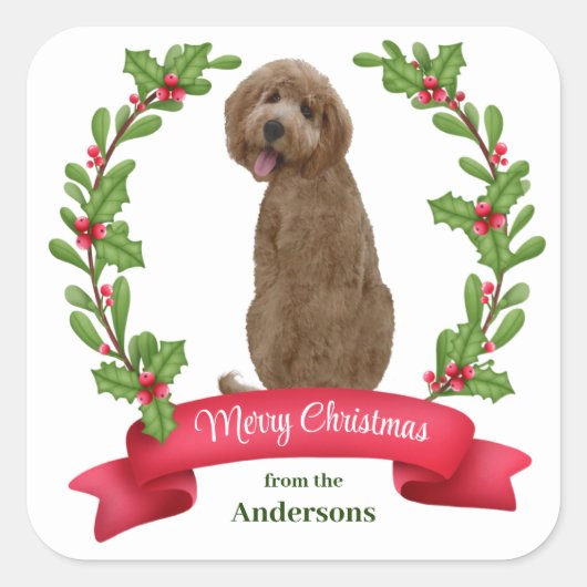 Holly Banner Labradoodle Dog Weihnachten Quadratischer Aufkleber (Vorderseite)
