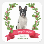 Holly Banner Schwarz-weiß French Bulldog Holiday Quadratischer Aufkleber (Vorderseite)
