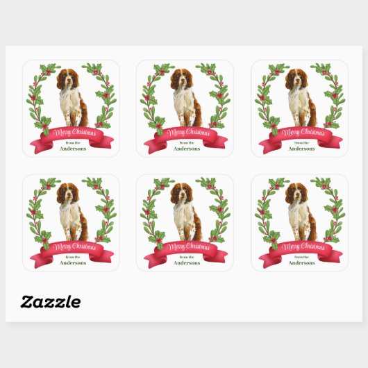 Holly Banner Springer Spaniel Dog Weihnachten Quadratischer Aufkleber (Blatt)