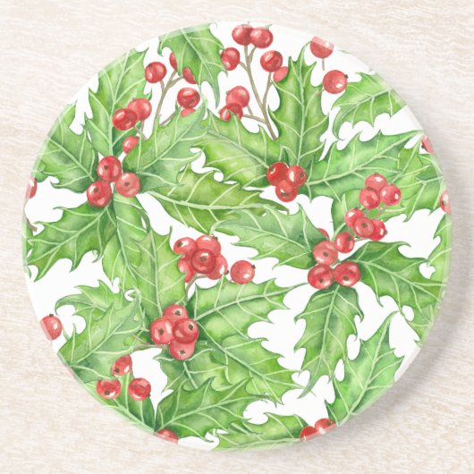 Holly Beere, Wasserfarbe Weihnachtsmuster Sandstein Untersetzer (Vorne)
