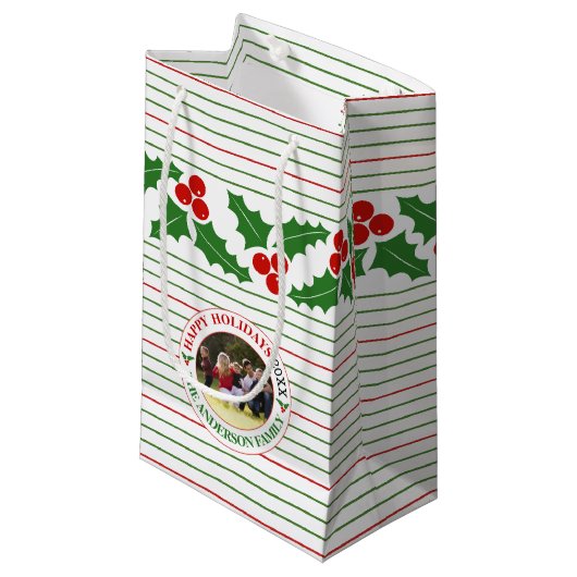 Holly Beerry Garland rot, grüne Streifen Weihnacht Kleine Geschenktüte (Vorderseite Schrägansicht)