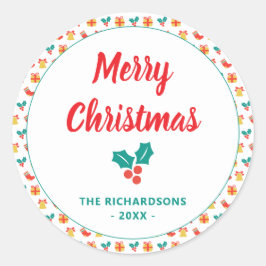 Holly Bell Strumpf Pattern Merry Weihnachtsname Runder Aufkleber