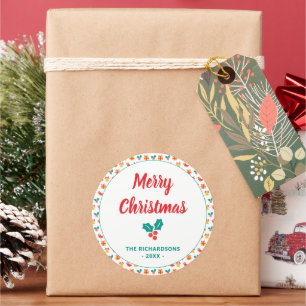 Holly Bell Strumpf Pattern Merry Weihnachtsname Runder Aufkleber