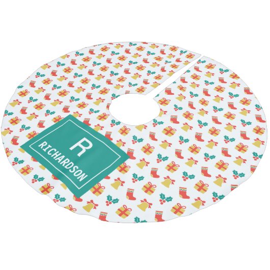 Holly Bell Strumpf Pattern Monogram Family Name Polyester Weihnachtsbaumdecke (Schrägansicht)