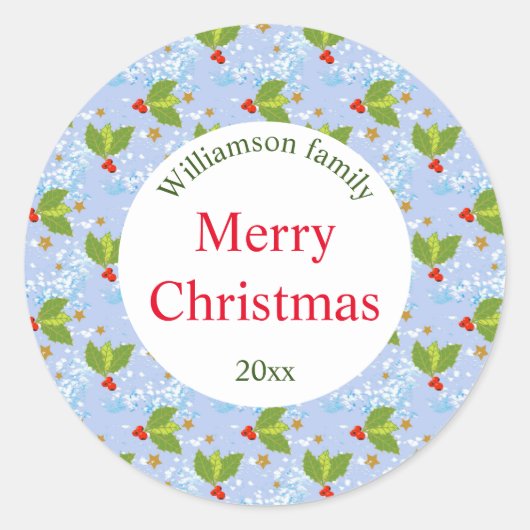 Holly Beries und Blätter Muster Frohe Weihnachten Runder Aufkleber (Vorderseite)