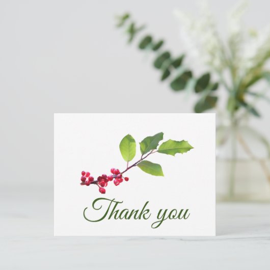 Holly Beries Zweig mit foilage danke Postkarte (Stehend Vorderseite)