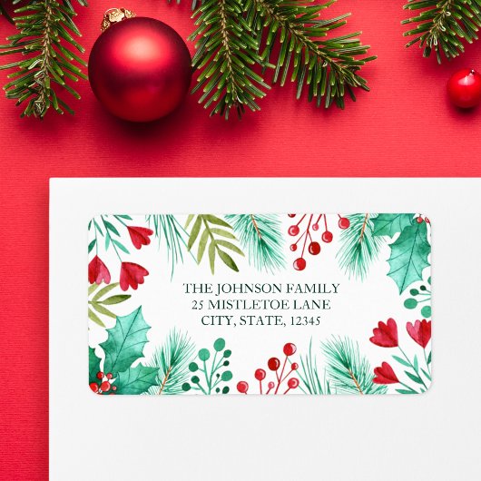 Holly, Berries and Greenery in Watercolor Adressaufkleber