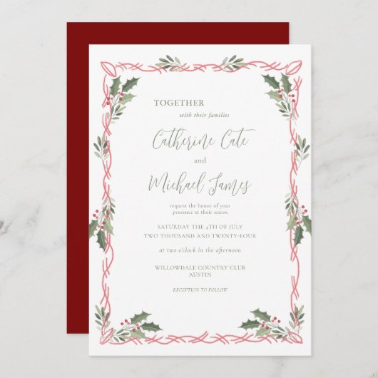 Holly Berries Christmas Theme Wedding Einladung (Vorne/Hinten)