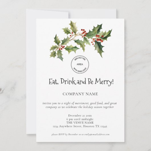 Holly Berries Company Logo Weihnachts-Party Einladung (Vorderseite)