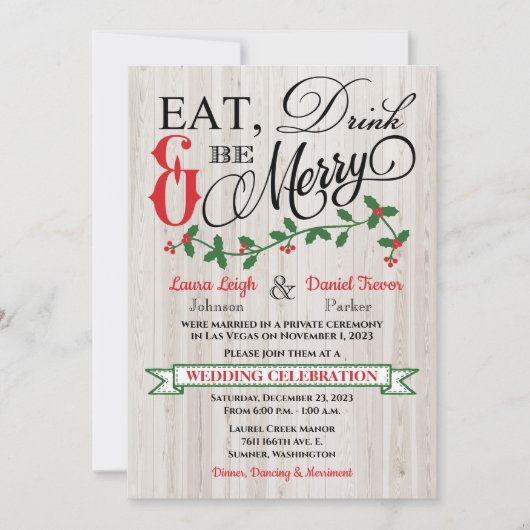 Holly, Berries, essen, trinken und fröhlich Hochze Einladung (Vorderseite)
