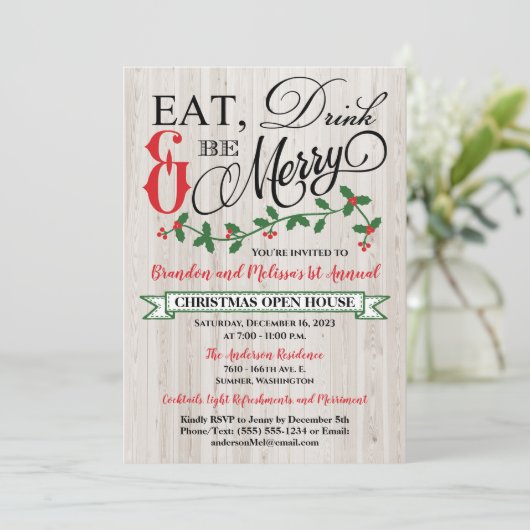 Holly, Berries, essen, trinken und sich wohlfühlen Einladung (Stehend Vorderseite)