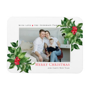 Holly Berries Frame Christmas Personalized Photo Magnet
