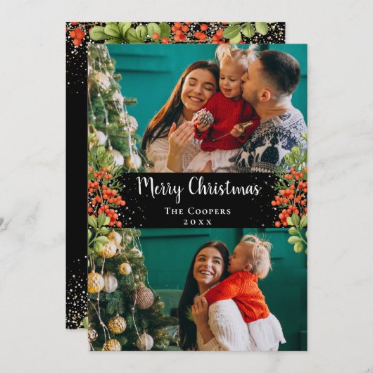 Holly Berries Gold Glitzer Frohe Weihnachten 2 Fot (Vorne/Hinten)