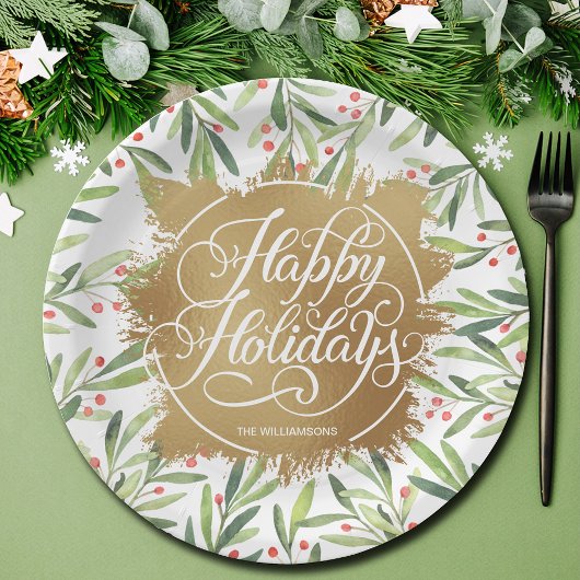 Holly Berries Gold Imitate Foil Holiday Paper Plat Pappteller