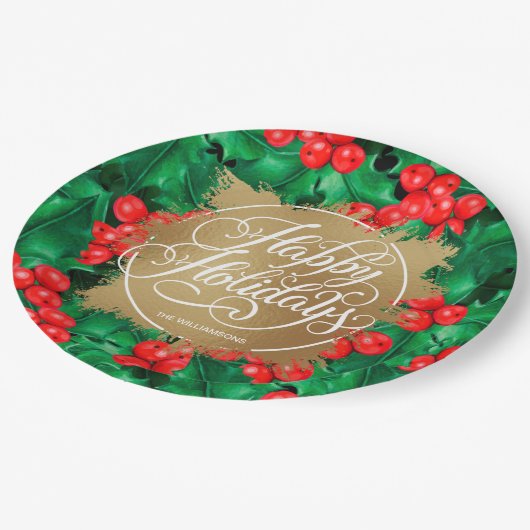 Holly Berries Gold Imitate Olivenweg Pappteller (Schrägansicht)