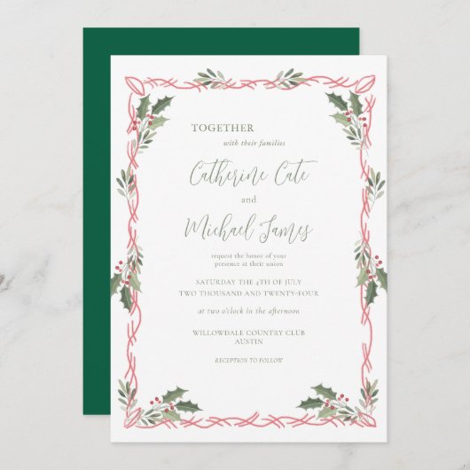 Holly Berries Green Christmas Theme Wedding Einladung (Vorne/Hinten)