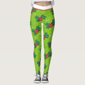 Holly Berries mit Schnee und Sternen auf Bright Gr Leggings (Vorderseite)