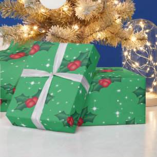 Holly Berries mit Schnee und Sternen auf Sea Green Geschenkpapier