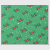 Holly Berries mit Schnee und Sternen auf Sea Green Geschenkpapier (Flach)