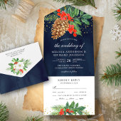Holly Berries Pine Cone Navy Weihnachtsfeier All In One Einladung