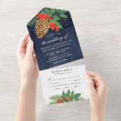 Holly Berries Pine Cone Navy Weihnachtsfeier All In One Einladung (Abreißen)