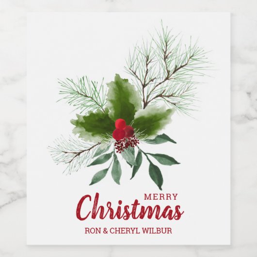 Holly Berries Pine Frohe Weihnachten Weinetikett (Einzelnes Label)