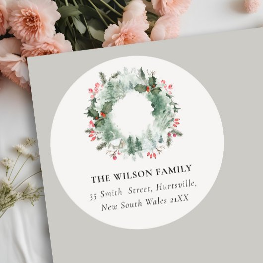 Holly Berries Pine Snow Weihnachtsansprache Runder Aufkleber