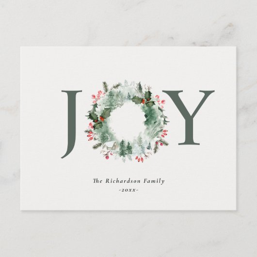 Holly Berries Pine Tree Joy Weihnachtsfeier Postkarte (Vorderseite)