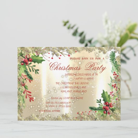 Holly Berries, Schneeflocken, Weihnachtsgebäck im Einladung (Stehend Vorderseite)
