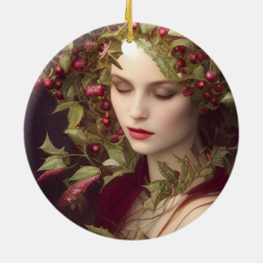 Holly Berries Schöne Frau Weihnachten Keramik Ornament (Hinten)