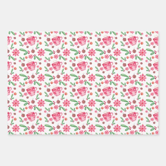 Holly Berries, Teecup, Wasserfarbenschneeflocken Geschenkpapier Set (Vorderseite 3)