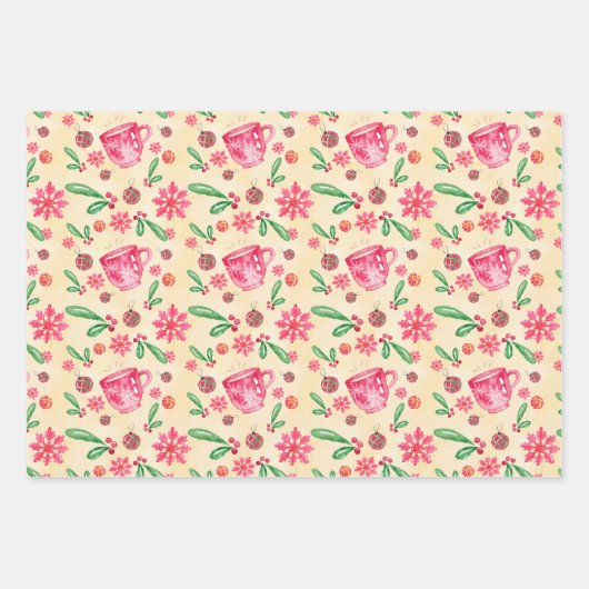 Holly Berries, Teecup, Wasserfarbenschneeflocken Geschenkpapier Set (Vorderseite)