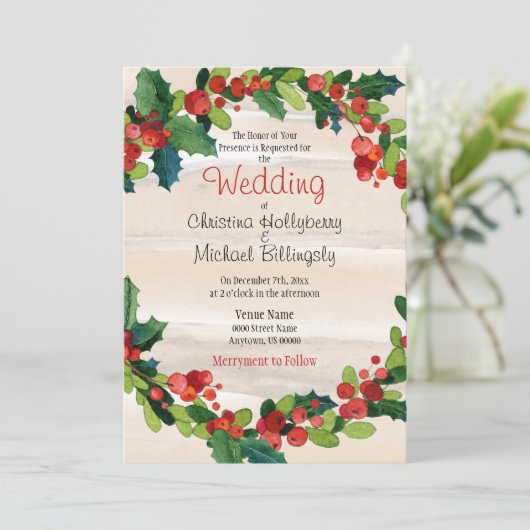 Holly Berries und Grüntöne / Weihnachtsfeier Einladung (Stehend Vorderseite)