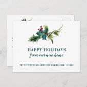 Holly Berries und Pine New Zuhause Holiday Moving Ankündigungspostkarte (Vorne/Hinten)
