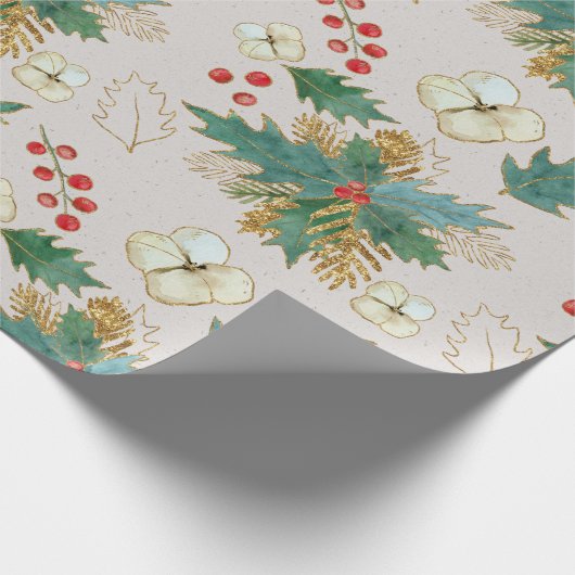 Holly, Berries und Weihnachts-Rose Geschenkpapier (Ecke)