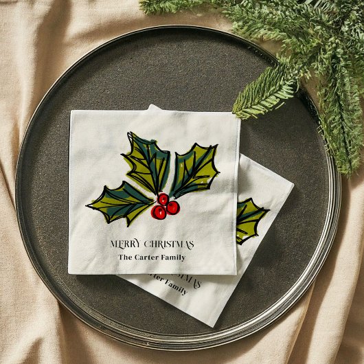 Holly Berries Weihnachtsbilustration Serviette