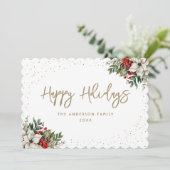 Holly Berries White Poinsettia Elegant Feiertagskarte (Stehend Vorderseite)