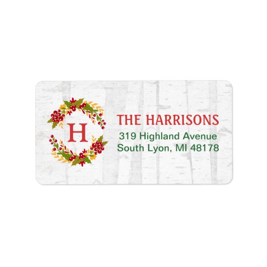 Holly Berries Wreath Initial White Winter Woodland Adressaufkleber (Vorne)